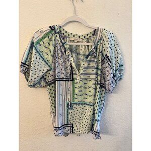 LOFT Mixed Floral Patchwork Peasant Top women size Medium 3/4 Sleeves Cotton Ble